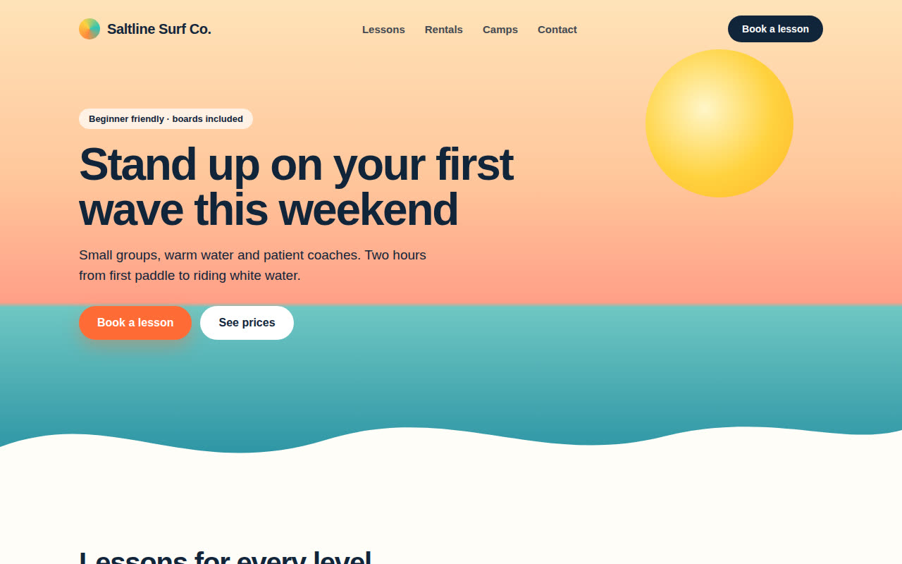 After: the same surf school redesigned with a bright hero and clear booking buttons