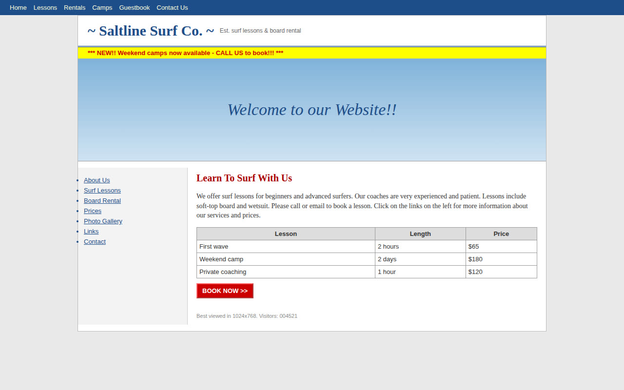 Before: a dated surf school website with a sidebar menu and a scrolling banner