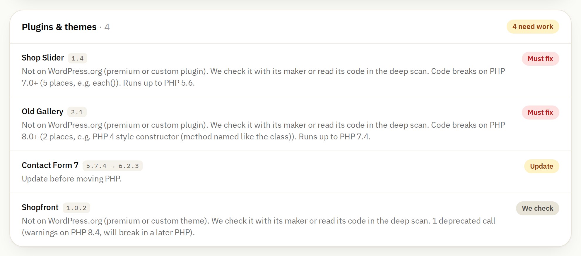 Sample list of plugins and themes with their versions and what to do: must fix, update, or we check